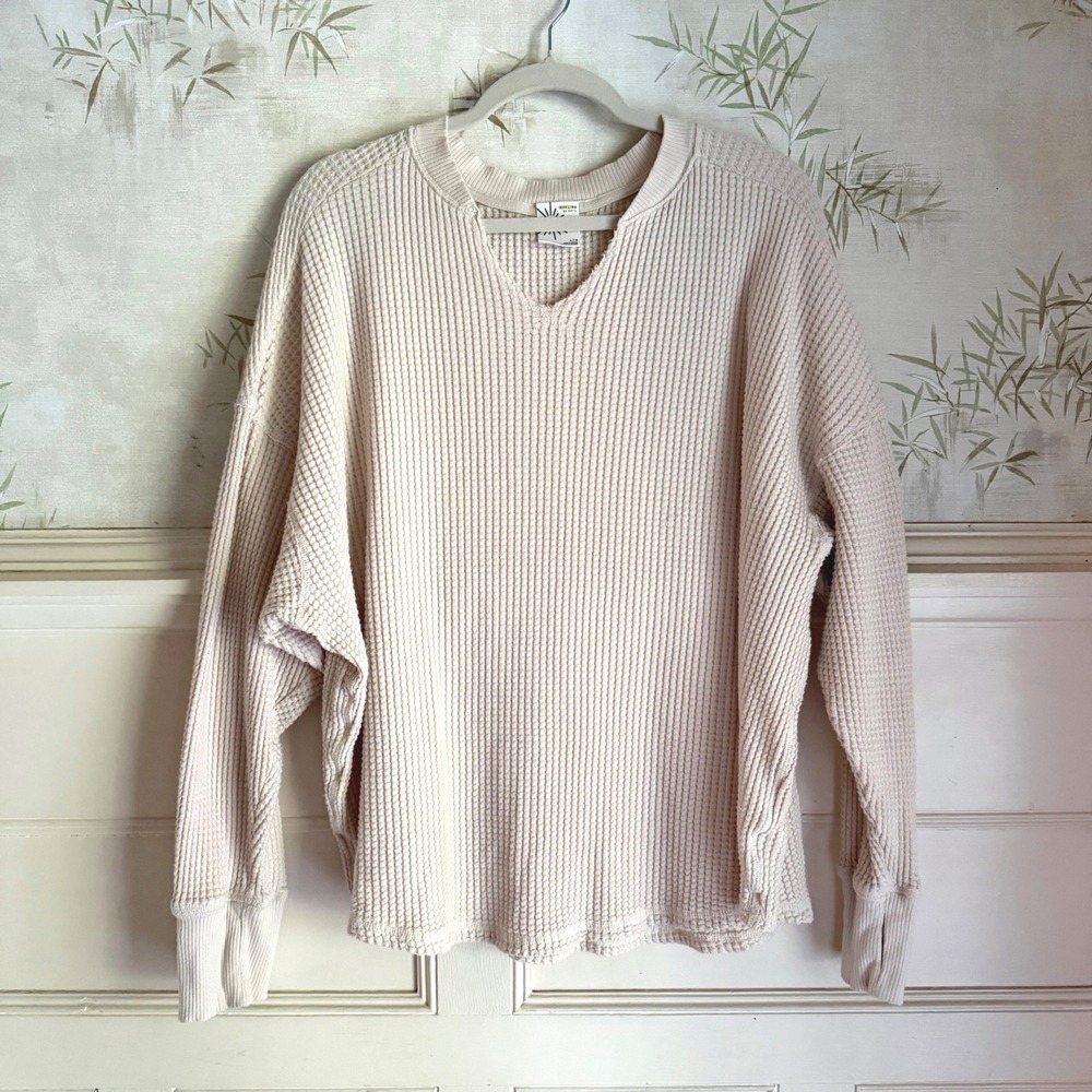 OFFLINE by Aerie Waffle Knit Top Cream V-Neck Long Sleeve Relaxed Large